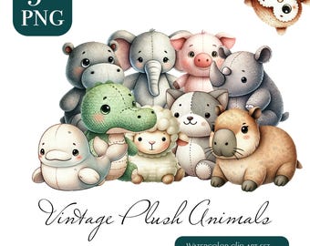 Watercolor Plush Animal Clipart: Vintage Nursery Art (PNG)
