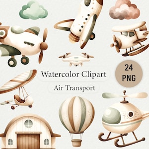 Luft Transport Aquarell Clipart, Neutral Kinderzimmer Flugzeug Kunst, Baby Boy Room Decor, digitale PNG, Fahrzeug Illustration, Hubschrauber Clip Art