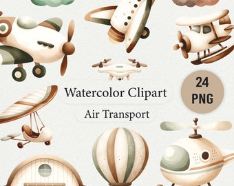 Air Transport Watercolor Clipart, Neutral Nursery Airplane Art, Baby Boy Room Decor, Digital PNG, Vehicle Illustration, Helicopter Clip Art