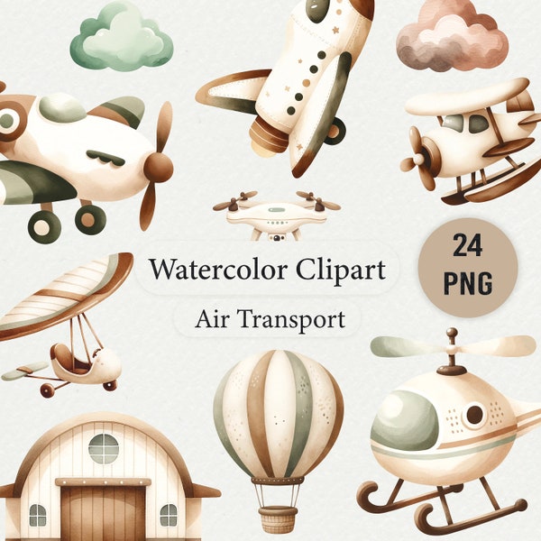 Clipart aquarelle de transport aérien, art neutre d'avion pour chambre d'enfant, décoration de chambre de bébé garçon, numérique PNG, illustration de véhicule, hélicoptère Clip Art