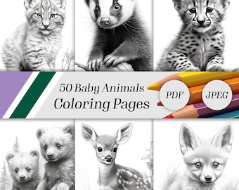 May include: A set of 50 black and white colouring pages featuring adorable baby animals. The pages are available in PDF and JPEG formats. The image shows a lynx, badger, cheetah, bear cubs, deer, and fox.