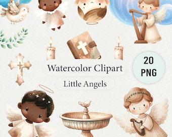 May include: Watercolor clipart set of 20 PNG images featuring little angels with halos, wings, and various religious symbols. The set includes a dove, a cross, a bible, candles, a baptismal font, and a harp.