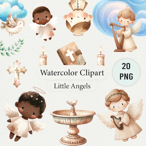 Watercolor Angel Clipart Collection - High-Resolution Baptism & Christening PNG Images, Religious Event Illustrations, Diversity Angel PNG