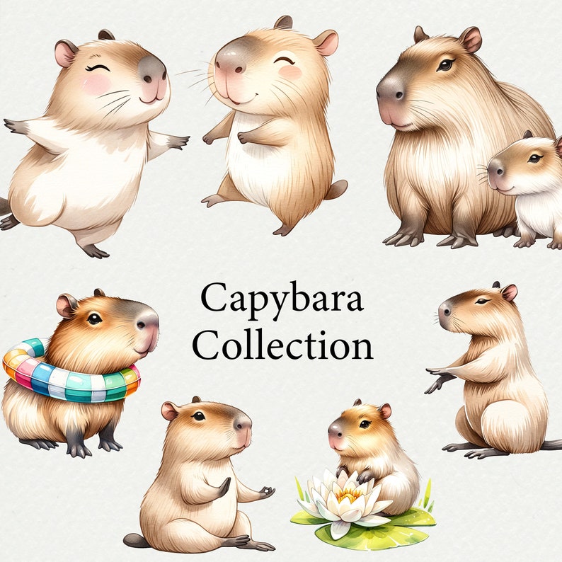 May include: A collection of cute capybara illustrations. The capybaras are depicted in various poses, including swimming, relaxing, and meditating. The illustrations are done in a watercolor style and feature soft, pastel colors.