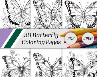 Butterfly & Flower Coloring Book: 30 Grayscale Pages (PDF)