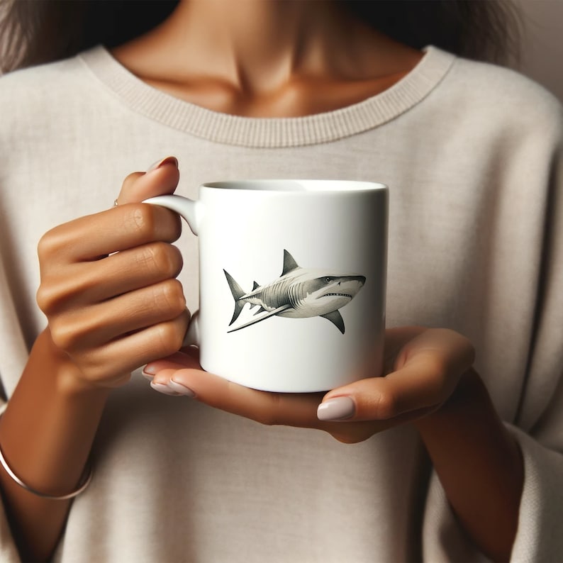 May include: White ceramic mug with a black and white illustration of a shark on the front.
