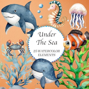 25 aquarel onder de zee clipart, onderzeese kwekerij decor, schattige oceaandieren, baby shower uitnodigingen, digitale download, zeeleven kunst