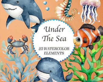 Watercolor Undersea Clipart: 25 Ocean Animal Illustrations (Digital Download)