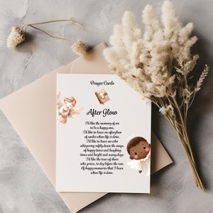 May include: A prayer card with a light brown background and a white border. The card features a poem titled "After Glow" with a message about leaving a happy memory and a positive legacy. The card is decorated with two angels, one with brown skin and one with white skin, both with halos and wings.
