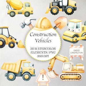 38 clip art per veicoli da costruzione ad acquerello, bulldozer, gru, camion / ideali per decorazioni di compleanno per bambini, temi per la cameretta e progetti di scrapbooking