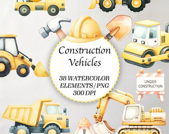 Watercolor Construction Vehicle Clipart: 38 PNG Designs (Digital Download)