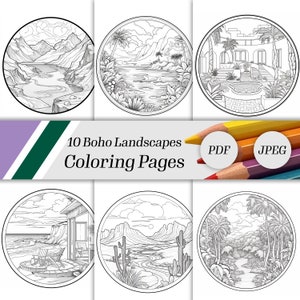 10 Boho Coloring Pages for Adults, Printable Coloring Book, Boho Landscape Coloring Pages, Adult Coloring Book, Instant Download