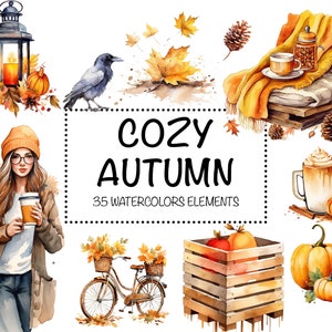 35 Watercolor Autumn Season Clipart - Leaves and Pumpkins Clipart - Autumn Clip art Images - October Clip Art - Instant Download