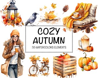 Op de afbeelding: Een aquarel-illustratieset met 35 elementen met gezellige herfstthema's. De set bevat een vrouw in een bruin jack, een lantaarn, een vogel, bladeren, pompoenen, een houten kist, een kopje koffie, een mok warme chocolademelk en een fiets.