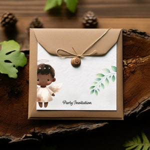 May include: A brown paper envelope with a string and wooden button closure. The envelope contains a white card with a watercolor illustration of a little angel with brown skin and a halo. The card says "Party Invitation".