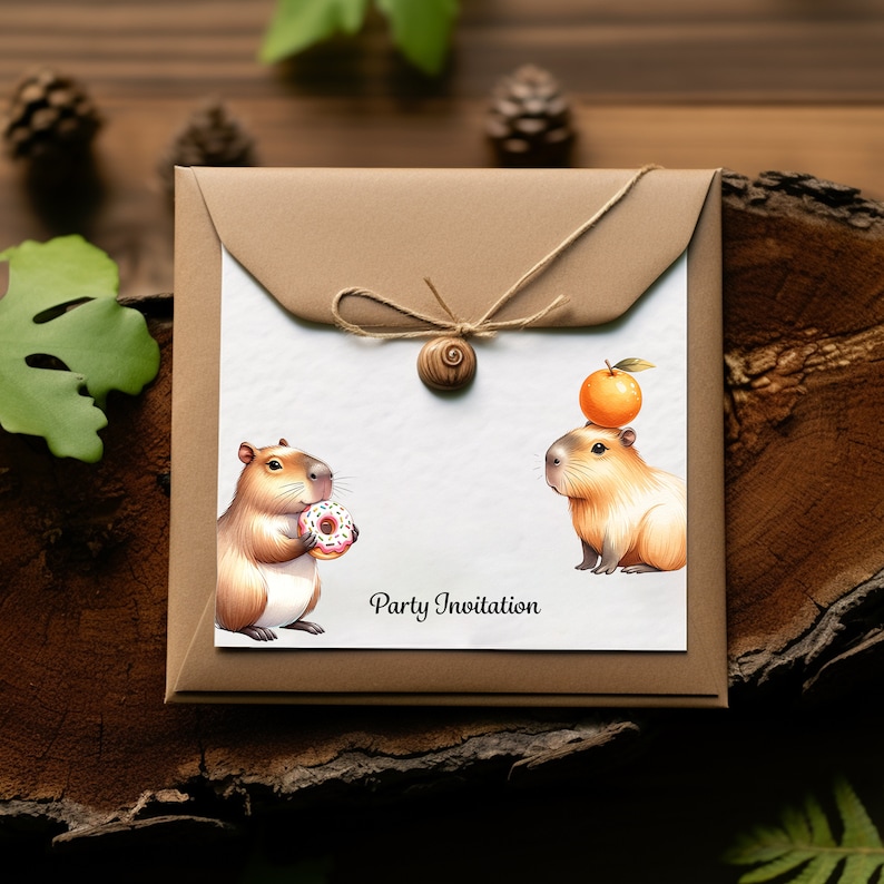 May include: A brown paper envelope with a white card inside. The card has a party invitation with two capybaras. One capybara is holding a donut and the other has an orange on its head. The text on the card says "Party Invitation".