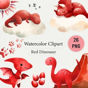 Red Dinosaur Watercolor Clipart Collection – 26 PNG Files, High-Resolution, Kids Dinosaur Art, Cute Dino Illustrations, Nursery Decor