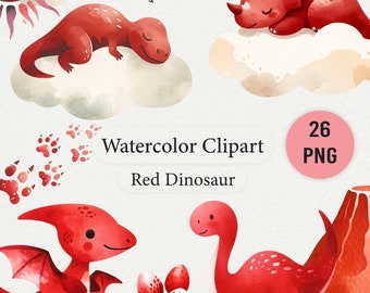 Clipart de acuarela de dinosaurio rojo: 26 archivos PNG, arte infantil (descarga digital)