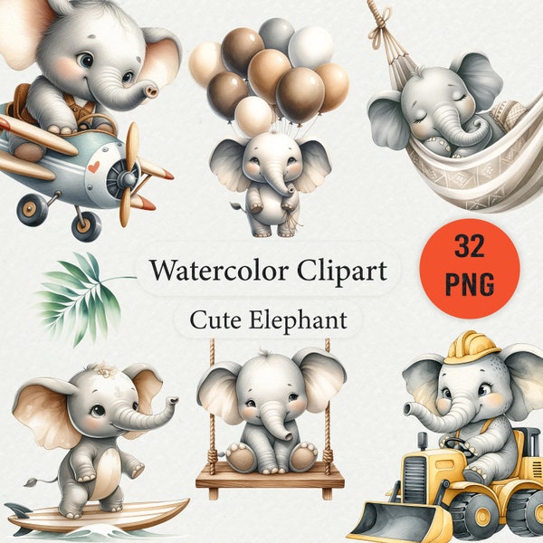 Cute Watercolor Elephant Clipart - Digital Printable Elephant Images for Nursery Decor, Scrapbooking and Crafts