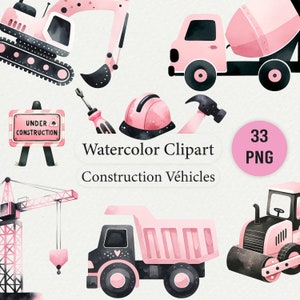 Clip art aquarelle 33 véhicules de construction : bulldozer, grue, camion | Idéal pour les thèmes de décoration d'anniversaire d'enfants et les projets de scrapbooking