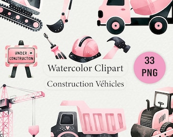 Clipart de vehículo de construcción en acuarela: Decoración rosa para habitación infantil (Descarga digital)