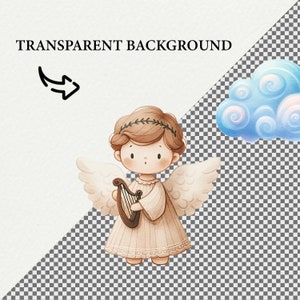 May include: A watercolor illustration of an angel with brown hair, wearing a white dress and holding a harp. The angel has wings and a halo. The background is a light blue cloud.