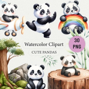 Coleção de clipart de panda fofo em aquarela - ilustrações de urso panda bebê em PNG, adorável decoração de berçário, download instantâneo para uso comercial
