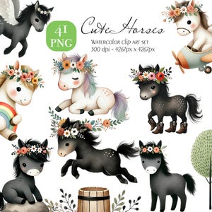 Niedliches Aquarell Pferd Clipart-Bundle, Floral Pferde PNG, Fohlen & Bauernhof Tiere | Digitaler Download, Sublimation, Kommerzielle Nutzung, Kinderzimmerdekor