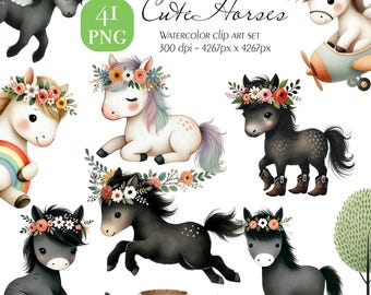 Paquete de imágenes prediseñadas de caballo en acuarela, potro floral PNG (descarga digital)