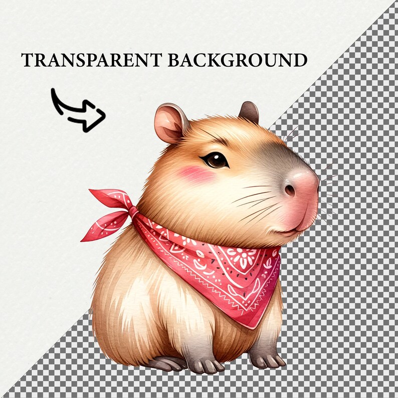 May include: A cartoon illustration of a capybara wearing a red bandana with white polka dots. The capybara is sitting on a white background.