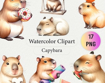 Funny Watercolor Capybara Clipart Collection - Cute Capybara Illustrations PNG - High-Resolution Digital Download for Crafts and Designs