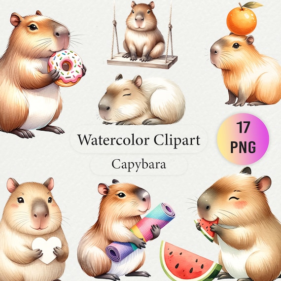 Funny Watercolor Capybara Clipart Collection - Cute Capybara Illustrations PNG - High-Resolution Digital Download for Crafts and Designs