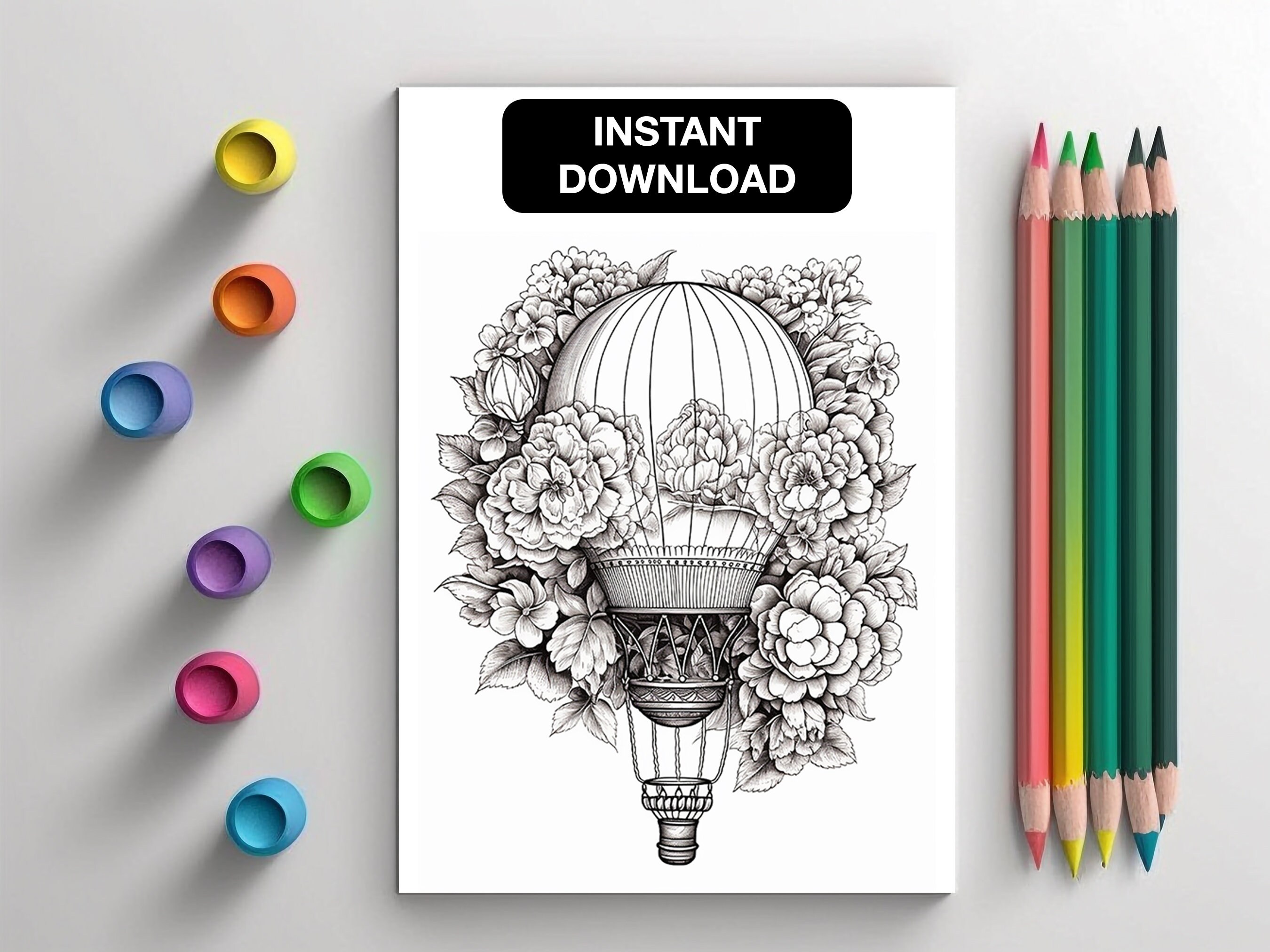 Hot Air Balloon Coloring Pages for Adults, Boho Flowers Coloring Book