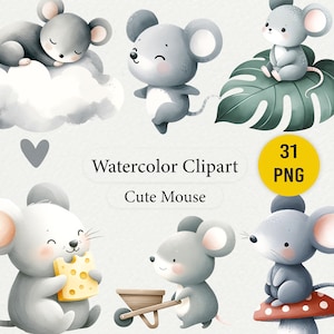 Clipart souris aquarelle mignon, petits animaux, art pour chambre de bébé, décoration de chambre d'enfant pour chambre de bébé, shower de bébé, souris drôle, usage commercial