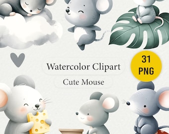 Watercolor Mouse Clipart, Nursery Art, Kids Decor (PNG, Commercial Use)