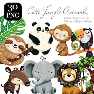 Bundle de cliparts jungle aquarelle, mignons animaux de safari PNG, hippopotame, Lion, girafe, tigre, éléphant, décorations de baby shower, téléchargement numérique