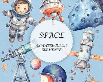 Space Watercolor Clipart Bundle - Cute Astronaut, Planets & Rockets PNG - Instant Download for Nursery Decor