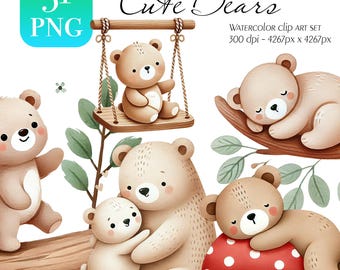 Clipart de osito de acuarela: 51 PNG, arte infantil (descarga digital)