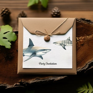 May include: A brown paper envelope with a white card inside. The card features a watercolor illustration of two sharks, one gray and one striped, with the text "Party Invitation".