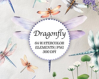Watercolor Dragonfly Clipart: 64 PNG Illustrations (Digital Download)