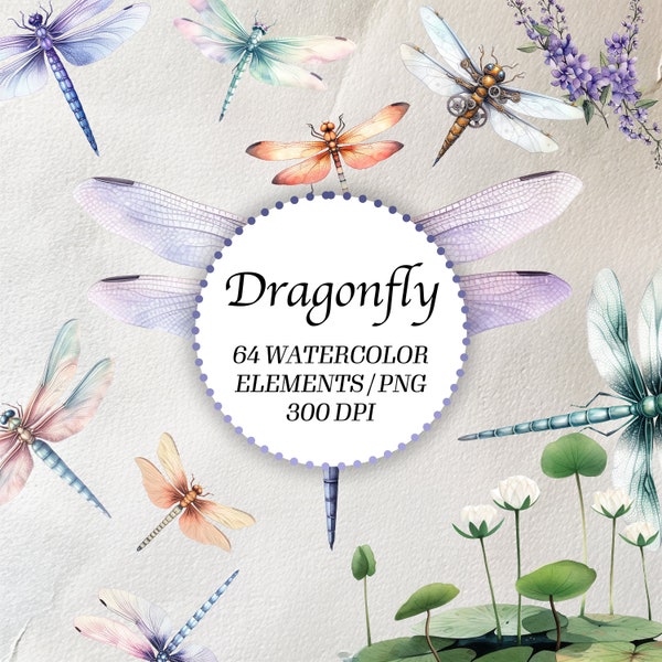 Dragonfly Watercolor Clipart Bundle - Watercolor Dragonfly Illustration with Transparent Background - Card Making Invitation PNG - Set of 64