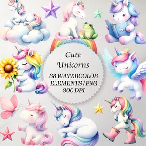38 Pastel Unicorn Watercolor Clipart: Cute Rainbow PNG, Digital Download, Commercial Use, Scrapbooking, Planner Stickers, Card Making
