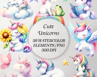 38 Pastel Unicorn Watercolor Clipart: Cute Rainbow PNG, Digital Download, Commercial Use, Scrapbooking, Planner Stickers, Card Making