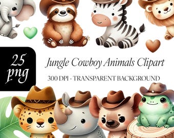 Clipart de animales vaqueros de la jungla: Arte infantil de safari en acuarela (descarga digital)