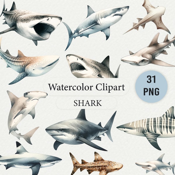 31 Watercolor Shark Clipart PNGs - Ocean Theme, Great White, Whale, Tiger Sharks for Scrapbooking, Invitations, DIY Decor, Under the sea