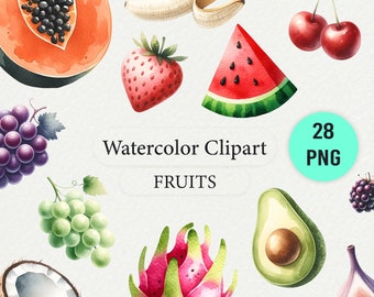 Clipart de frutas en acuarela: Ilustraciones PNG tropicales y clásicas (Descarga digital)