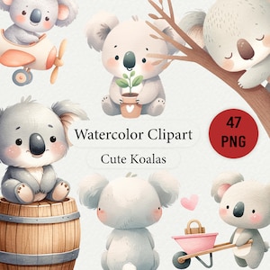 Lindo paquete de imágenes prediseñadas de koala de acuarela: Koala PNG, decoración de guardería y baby shower, arte de pared de la habitación para niños, gráficos de eucalipto koala, uso comercial