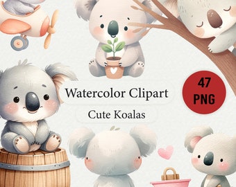 Paquete de imágenes prediseñadas de koalas en acuarela: 47 gráficos PNG (uso comercial)