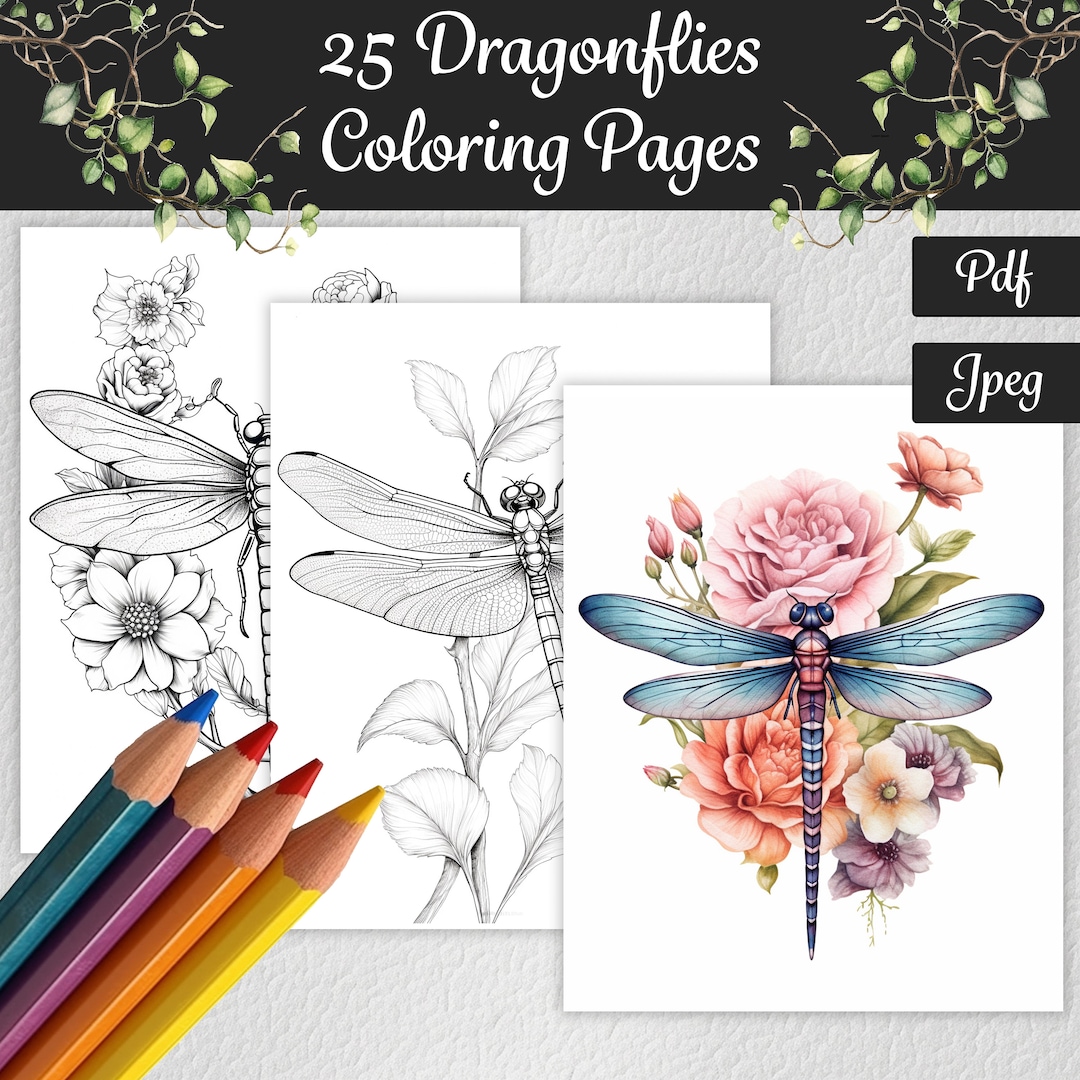 Dragonflies Coloring Pages for Adults 25 Dragonfly and Flowers - Etsy