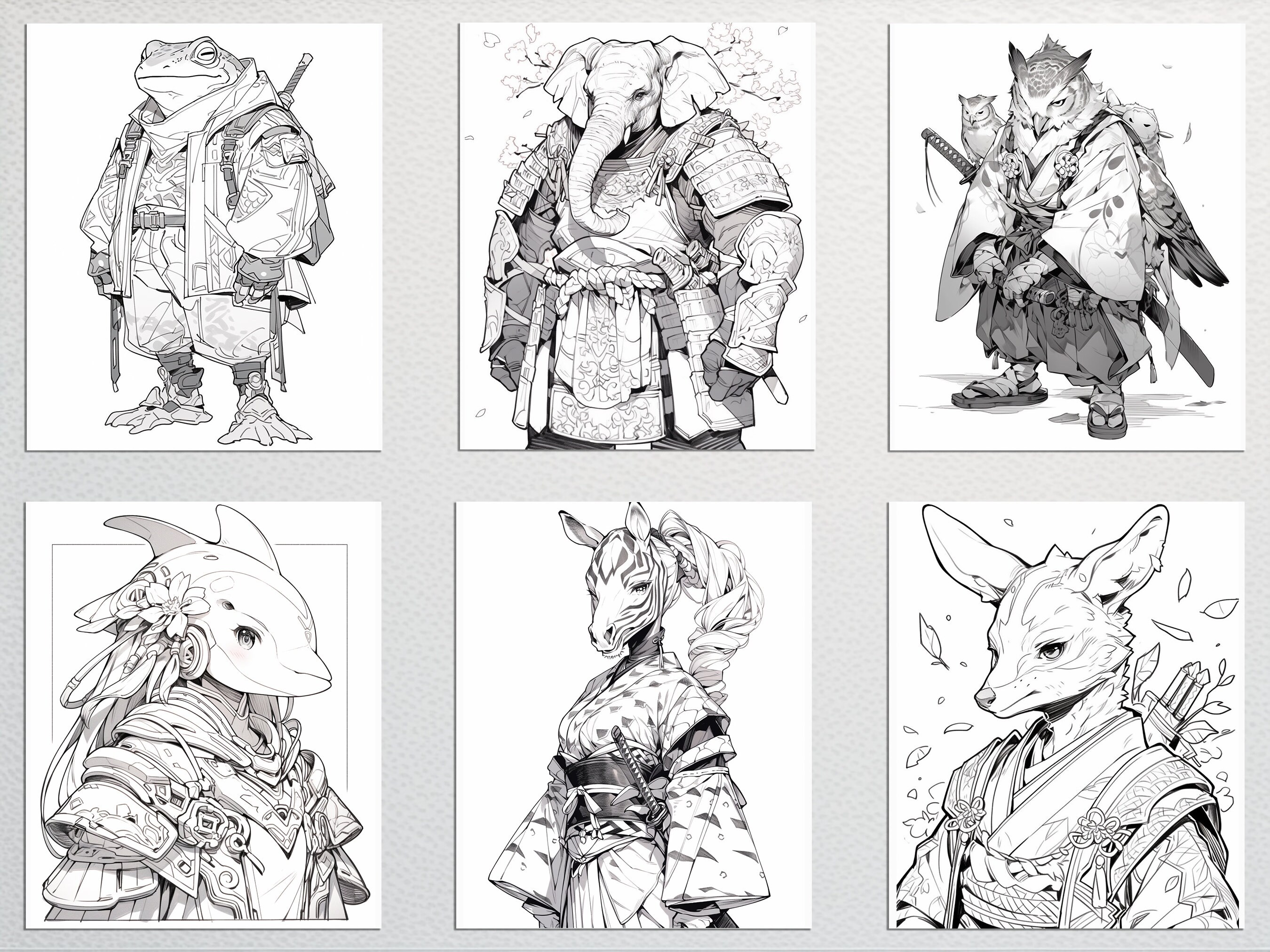 Anime Samurai Adults Coloring Pages, 25 Fantasy Animals Samurai